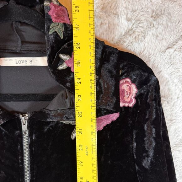 Love 8 Jacket 1X Black Velvet Embroidered Full Zip Hooded Stretch Y2K Boho - Picture 10 of 13